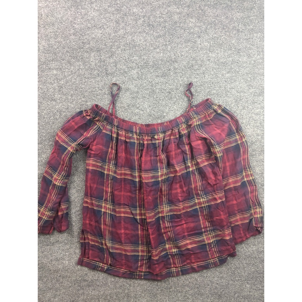 Cloth & Stone Plaid Top Womens Medium Burgundy Off Shoulder Rayon Boho‎ Western